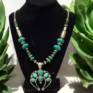 Carolyn Pollack Sterling Silver Turquoise Squash Blossom Navajo Pearls Necklace
